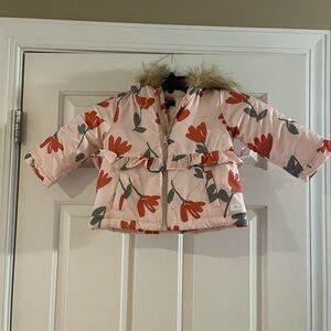 NWT 7 For All Mankind Floral Peach Kids Jacket with Fur Hood-Size 24 months